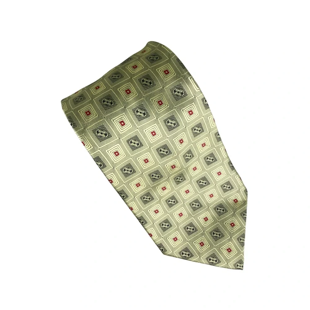 Ainujian Mens Silk Necktie Geometric Square Pattern Gold Green Red Blue 55X4